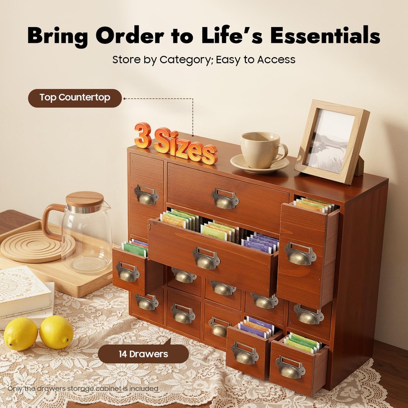 14-Drawer Apothecary Cabinet, Card Catalog Cabinet for Desktop Organizer