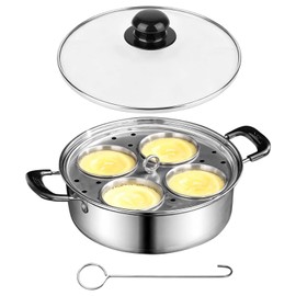 8Inch Stainless Steel Egg Poacher Pan, 4 Egg Poaching Cups for Easy Release, Tempered Glass Lid for Visible Cooking, Healthy Long-lasting, All Stovetops Compatible
