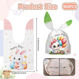 Easter Treat Bags, 100 PCS Easter Candy Bags, Easter Gift Bags, Easter Goodie Bags, Rabbit Ear Shape Plastic Easter Cookie Bags Snack Bags Goody Bags for Kids Easter Party Favor Supplies, 3 Styles