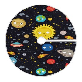 Kigai Cute Outer Space Galaxy Planet Tree Skirt Home Christmas Decoration Large Round Tree Skirt 35.4 Inches