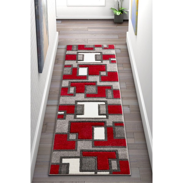 Imagination Squares Boxes Red & Grey Modern Ruby 3'11'' X 5'3'' Well Woven Plush Area Rug (60090)