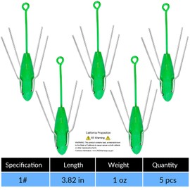 5 PCS Sputnik Sinkers Surf Fishing Weights, Lead Sputnik Weights for Surf Fishing with Long Tail, Surf Casting Fishing Sinkers and Weights in Saltwater Catfish Beach Sand Ocean Fishing (Green-1oz)