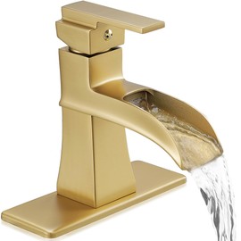 HOIGY Gold Bathroom Sink Faucet 1 Hole, Brass Waterfall Faucet for Bathroom Sink, 4 Inch 3 Hole Bathroom Faucet Single Handle, Bathroom Faucets with Deck Plate & Water Hoses, Not Included Pop-up Drain
