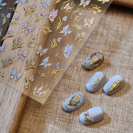 Flower Nail Stickers for Nail Art Flowers Nail Art Stickers Summer Gold Stamp Butterfly 5D Embossed Nail Decals Self-Adhesive Nails Supply Manicure Sliders Flower for Nails Decoration