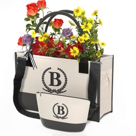 OATALY Monogrammed Canvas Tote Bag with Zipper Pockets - Ideal Gift for Mom, Teacher, Sister