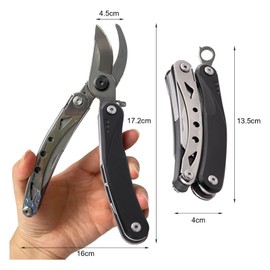 Multifunktionale 7 in 1 Tragbare Schere mit Säge, Cutter, Rinde Schaufel, Edelstahl Bypass-Gartenschere mit abschließbaren Klingen für Draussen Camping