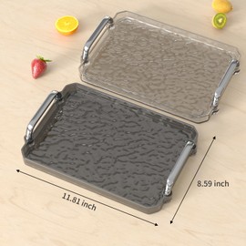 2 Packs Serving Tray with Handles, Decorative Acrylic Tray for Coffee Table Ottoman Countertop Valet Plastic Rectangular Serving Trays for Party, Bar, Kitchen, Restaurant & Bathroom (Grey)