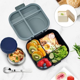 Aimsnk Bento Lunch Box for Kids with 12oz Soup Thermo,4 Compartments Lunch Box Containers Kids, Includes Foldable Spoon &Sauce Jar, BPA Free&Leak proof,Insulated Food Jar for Travel,School (Black)