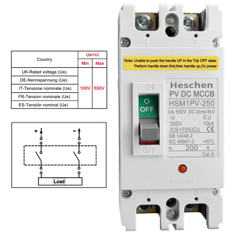 Heschen DC Molded Case Circuit Breaker MCCB, HSM1PV-250, 2 Poles,