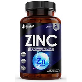 Zinc 50mg High Strength - Zinc Tablets with Copper, Pure Zinc Supplements Contributes Towards The Immune System, Bone Health and Fertility, Vegan, Non-GMO, Made in UK by New Leaf 120 Tablets