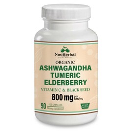 Organic Ashwagandha Supplements - 800mg | with Turmeric Curcumin, Elderberry, Vitamin C & Black Seed | Supports Relaxation, Mood & Immune Health | Non-GMO, Vegan - 90 Capsules