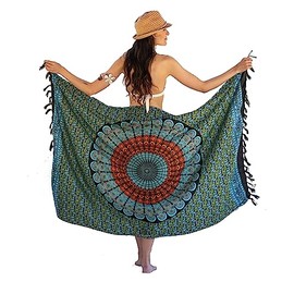 NELUHA Women's Sarong Scarf with Sarong Holder Pareo Wrap Towel Dress Wrap Skirt Women's Beach Towel XXL Cloth Men Pareo Women's Beach Towel Women's Mandala Green, mandala orange turquoise