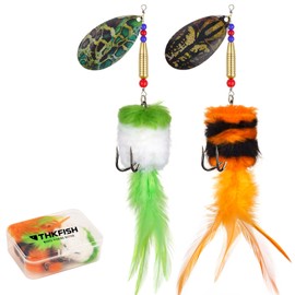 THKFISH Musky Pike Walleye Fishing Lure, Rooster Tail Fishing Lures with Hard Metal Brass Inline Spinner Baits with Tackle Box for Trout Bass Salmon Freshwater Saltwater(Green&Orange, 1 oz-2pcs)