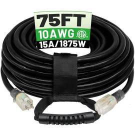 POWGRN 75 Ft 10AWG Black Outdoor Extension Cord Waterproof Heavy Duty 10 Gauge 3 Prong, Flexible Cold-Resistant Long Power Cord Outside with Lighted Indicator End, 15Amp 1875W SJTW ETL Listed