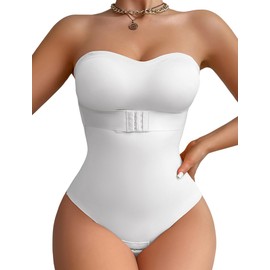 FEOYA Shapewear Women's Body Shaper Tummy Control Strapless Shapewear Bodysuit for Women Seamless Push Up Shaping Bodysuit with Removable Pads and Bands, White, S