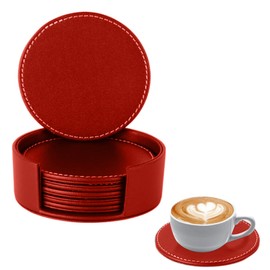 Coasters Set of 6 - Premium Leather Drink Coasters for Home, Office, and Coffee Table Protection, Round Coaster with Sewing Around, Non-Slip, Anti-Heat Cup Mats