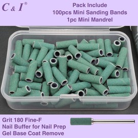 C & I 100pcs Small Sanding Bands & 1pc Slim Mandrel Nail Drill Bit Set Acrylic Gel Remove False Nails Shaping Cuticle Care Nail Prep Efile Nail Supplies for Nail Salon (Green, 180 Fine-F)