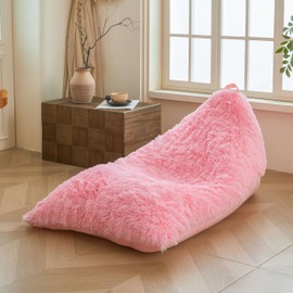 XeGe Fluffy Kids Stuffed Animal Storage Bean Bag Cover (No Filler), Plush Fuzzy Faux Fur Beanbag Organizer with Handle for Teens Girls Adults, Shaggy Furry Plush Toys Holder Floor Lounger Chair, Pink