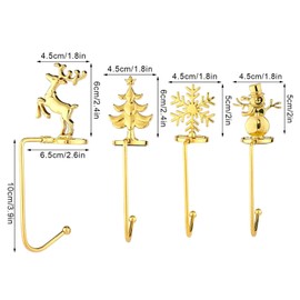 4 PCS Christmas Stocking Hooks Holder, Christmas Tree Snowflake Reindeer Snowman Stocking Hangers, Anti Skid Safety Metal Hang Grip for Mantle Fireplace Christmas Party Decoration (Golden)