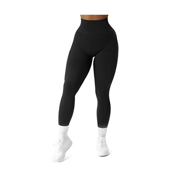 SUUKSESS Women Ribbed Seamless Leggings High Waisted Tummy Control Workout Yoga Pants (Black, M)