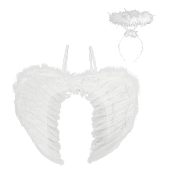 TSHAOUN white angel leprechaun wings feather wings and halo white angel sunshine smile angel wings angel wings and halo costume adult wings costume for party fancy dress party (2 piece)