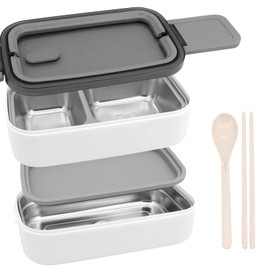 Fiambrera, Aislamiento Caja de Almuerzo de Fugas de 1400 ml, Topper para Lunch de Acero Inoxidable 304, Lonchera con Toppers de Doble Capa con Asa, Cubiertos, 3 Compartimentos,Para Microondas (Blanco)
