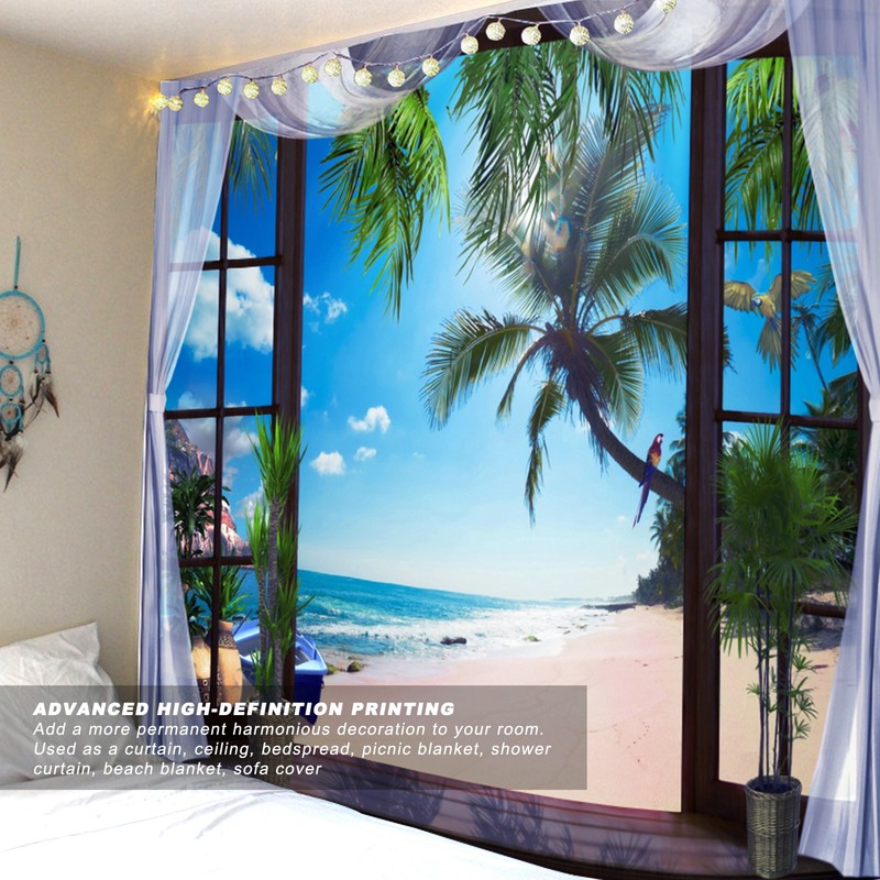 Window Beach Landscape Pattern Tapestry Wall Hanging for Living Room