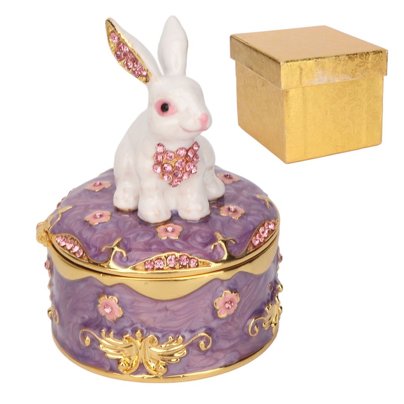 Rabbit Trinket Box Vintage Metal Enamel Antique Floral Engraving Pattern
