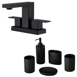Jincrop Matte Black Bathroom Faucet 3 Hole, 4 Inch Centerset Bathroom Sink Faucet 2 Handle, Matte Black Bathroom Accessories Set 5 Piece Bathroom Accessory Set Resin