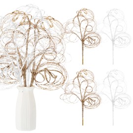 Daifunli 4pcs Glitter Christmas Picks Ting Curly Branches Stem Ornament 20 Inch Decorative Glittery Stick Artificial Glitter for Xmas Tree Wreath Craft Home Garden Vase Filler Decor (White,Champagne)