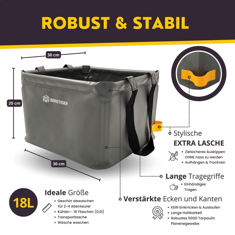 BERGTIGER® 500D Tarpaulin, Folding Bowl Camping 18 L / 21
