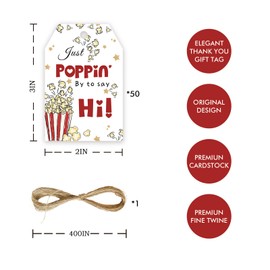 50pcs Just Popping by to Say Hi Tags, Popcorn Gift Tag with String for Birthday Party, Popping by Thank You Paper Tags for Gender Reveal Party Favors