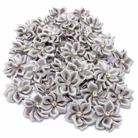 Grey 25mm Satin Ribbon Flowers with Rhinestone Diamante Centre, Craft Flowers (10)