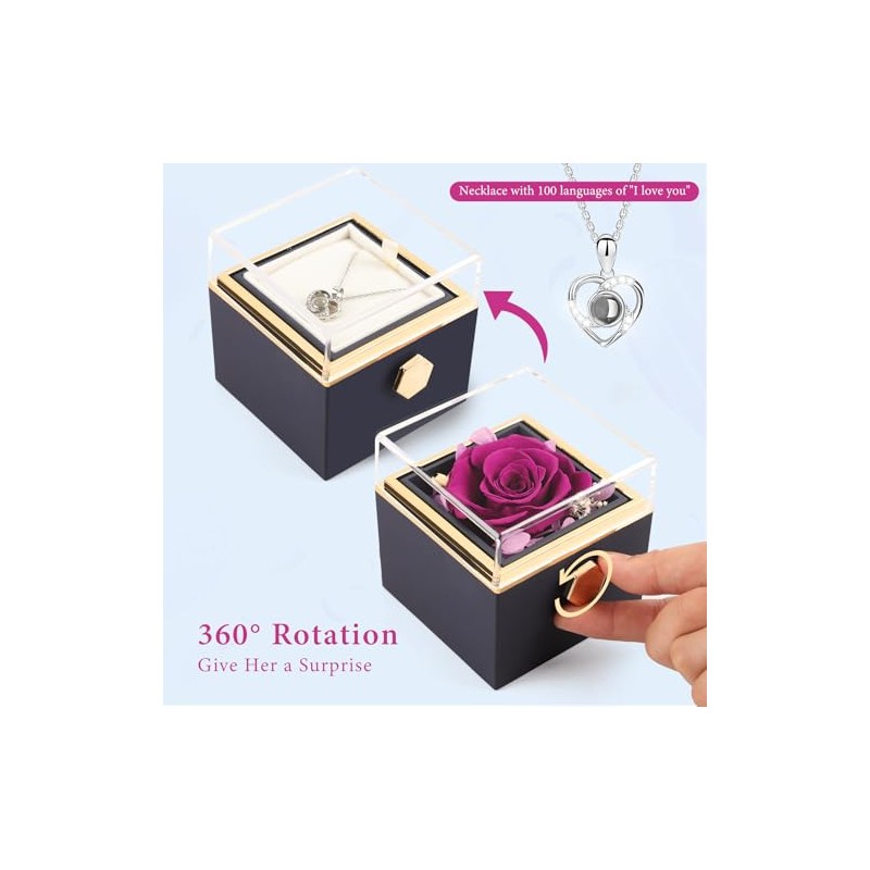 Caja giratoria de rosa real morada con collar I Love