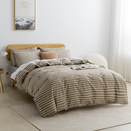 JELLYMONI Full Duvet Cover Set, Cotton Duvet Cover 3 Pieces with Zipper Closure, 1 Duvet Cover and 2 Pillowcases(Khaki with White Striped)