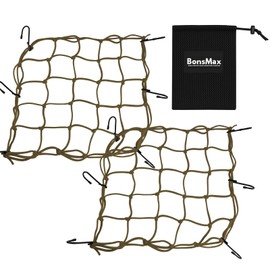 BonsMax 2 Pack Small Cargo Net for Motorcycle, Bike, ATV, UTV, 15"x15" Elastic Bungee Mesh Net with Hooks, Secure Gears, Helmet, Luggage, Stretch up to 30"x30"