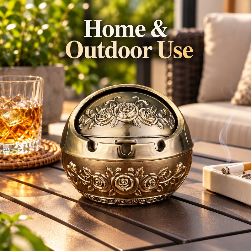 Retro Metal Ashtray with Lid – Decorative Covered Ashtray for