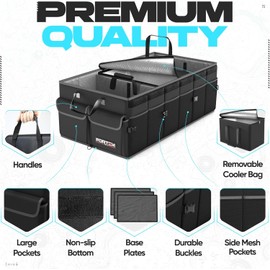 FORTEM Organizador de Maletero Coche y SUV - Caja Plegable con 3 Compartimentos Extra Grande con Bolsa Nevera - Base Antideslizante - Cinchas Ajustables - Tapa Extraíble (Negro)