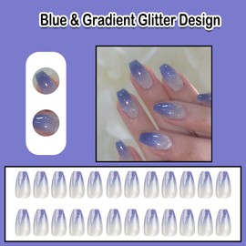 ANDGING Ombre Blue Press on Nails Coffin Short Medium Fake Nails Acrylic Glue on Nails with Gradient Glitter Design Women False Nails with Glue Manicure Gel Stick on Nails for Wedding Birthday DKL68