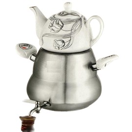 Transitional Large Capacity Classic Iranian Samovar Russian Persian Turkish Tea Maker Water Kettle Heavy Thick Stainless Steel Ceramic Porcelain Teapot 6+1=7 Liter W/Faucet