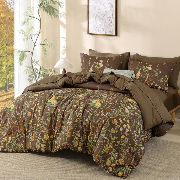 Yiran 7 Piece Brown Fall Comforter Set King Size, Floral