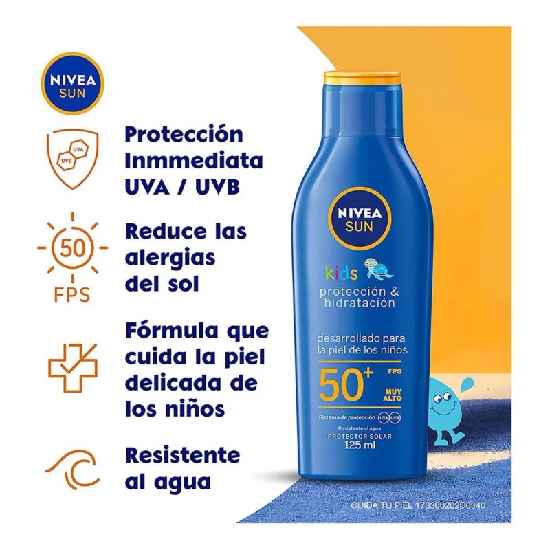 Protector Solar Corporal NIVEA SUN Kids FPS50+ 125ml, Bloqueador Solar