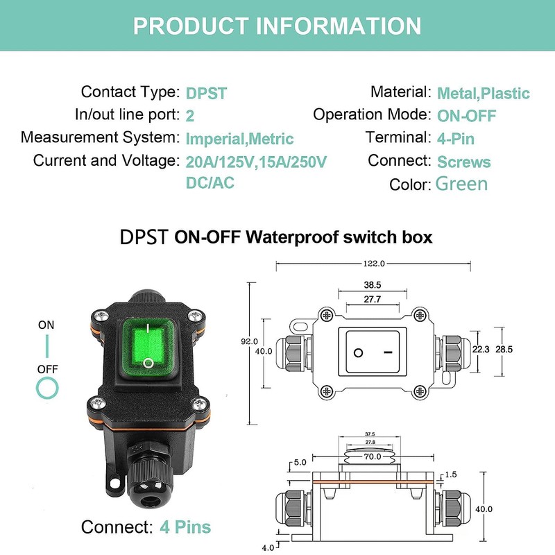 Gebildet Inline Cord Switch DPST Rocker Switch IP66 Waterproof, 20A-12VDC/16A-24VDC/20A-125VAC/16A-250VAC,