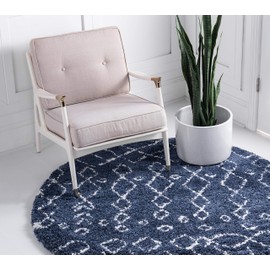 Unique Loom Rabat Shag Collection Area Rug - Geometric (7' 10" Round, Navy Blue/ Ivory)