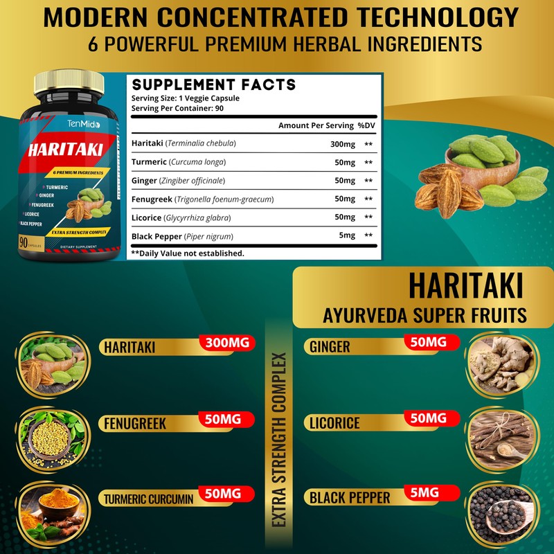 Tenmido Haritaki Supplements Extract Capsules with Turmeric, Ginger, Fenugreek, Licorice,