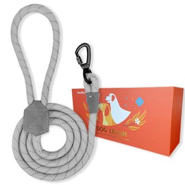 KirryKiky Rope Dog Leash 5 FT with Highly Reflective Threads, Safety Lockable Carabiner, Genuine Leather Junction for Small Medium and Large Dogs Heavy Duty, 3/5" Grey