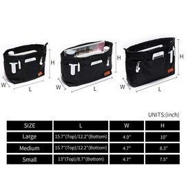 iN. Purse Organizer Insert with zipper Nylon fabric for women Handbags & Totebag, black, Medium: 15.7"(Top)/12.2"(Bottom) L × 4.7" W × 8.3" H