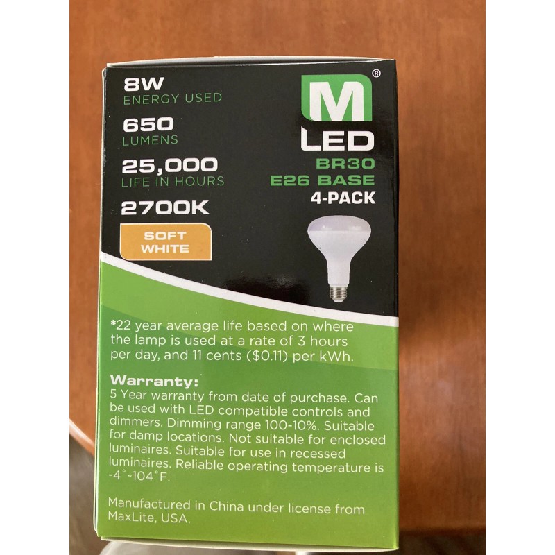 Maxlite 65W (8W LED), 4-pack, 650 lumens, 2700K, Soft White