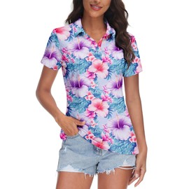 Women Hawaii Shirts Golf Polo Tshirts V Neck Hawaiian Blouse Short Sleeve Tops Flower