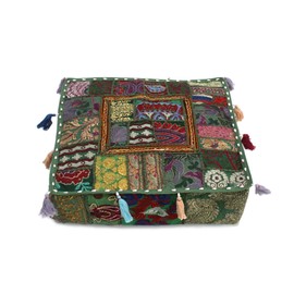 Mam Treasures Indian Bohemian Decorative Pillow Vintage Cushion Cover Patchwork Square Floor Pillow Cover Meditation Cushion Large Floor Pillow Indian Cushion (Dark Green, 16 X 16 X 5 Inch)